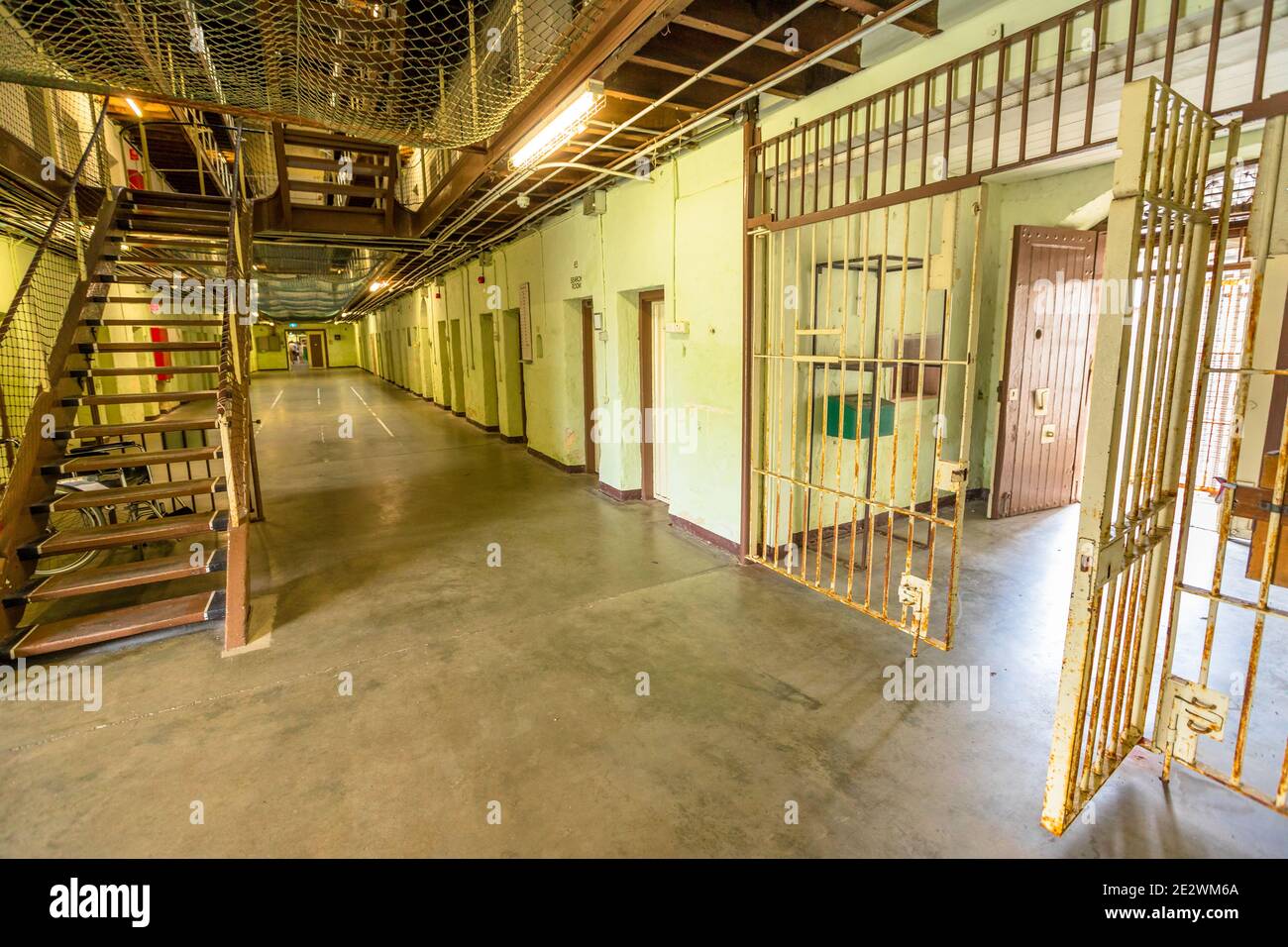 Fremantle, Western Australia - Jan 5, 2018: corridor and stairs inside main cell block of Fremantle Prison an old convicts jail built 1855, memorial Stock Photo