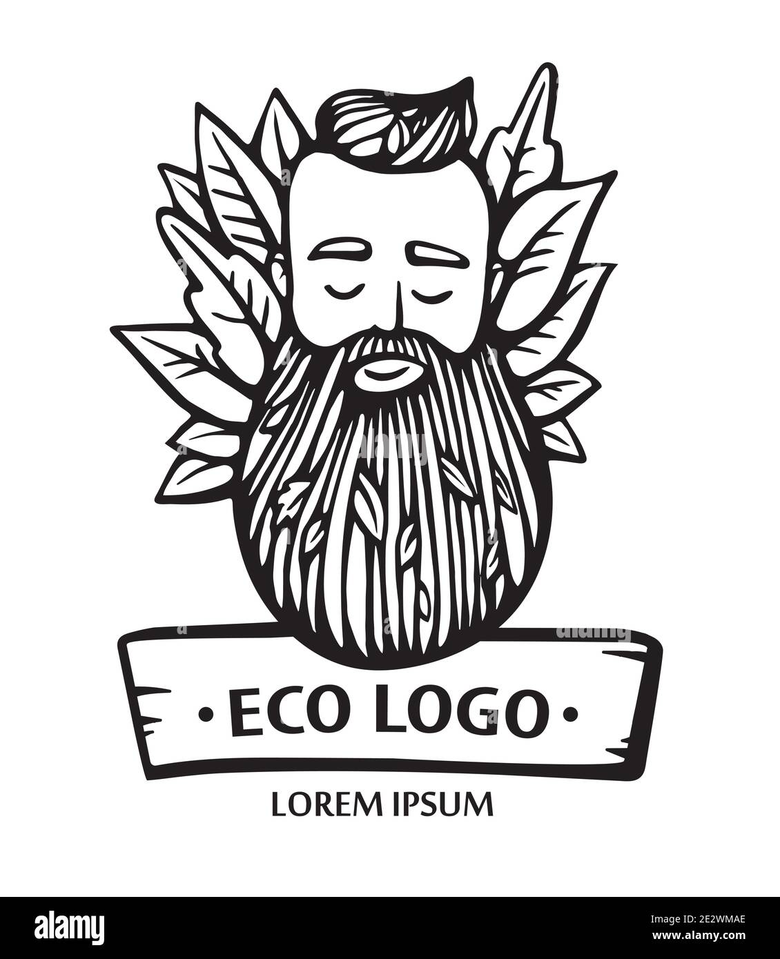 Eco nature logo. Hipster head with blooming beard with leafs. Hand