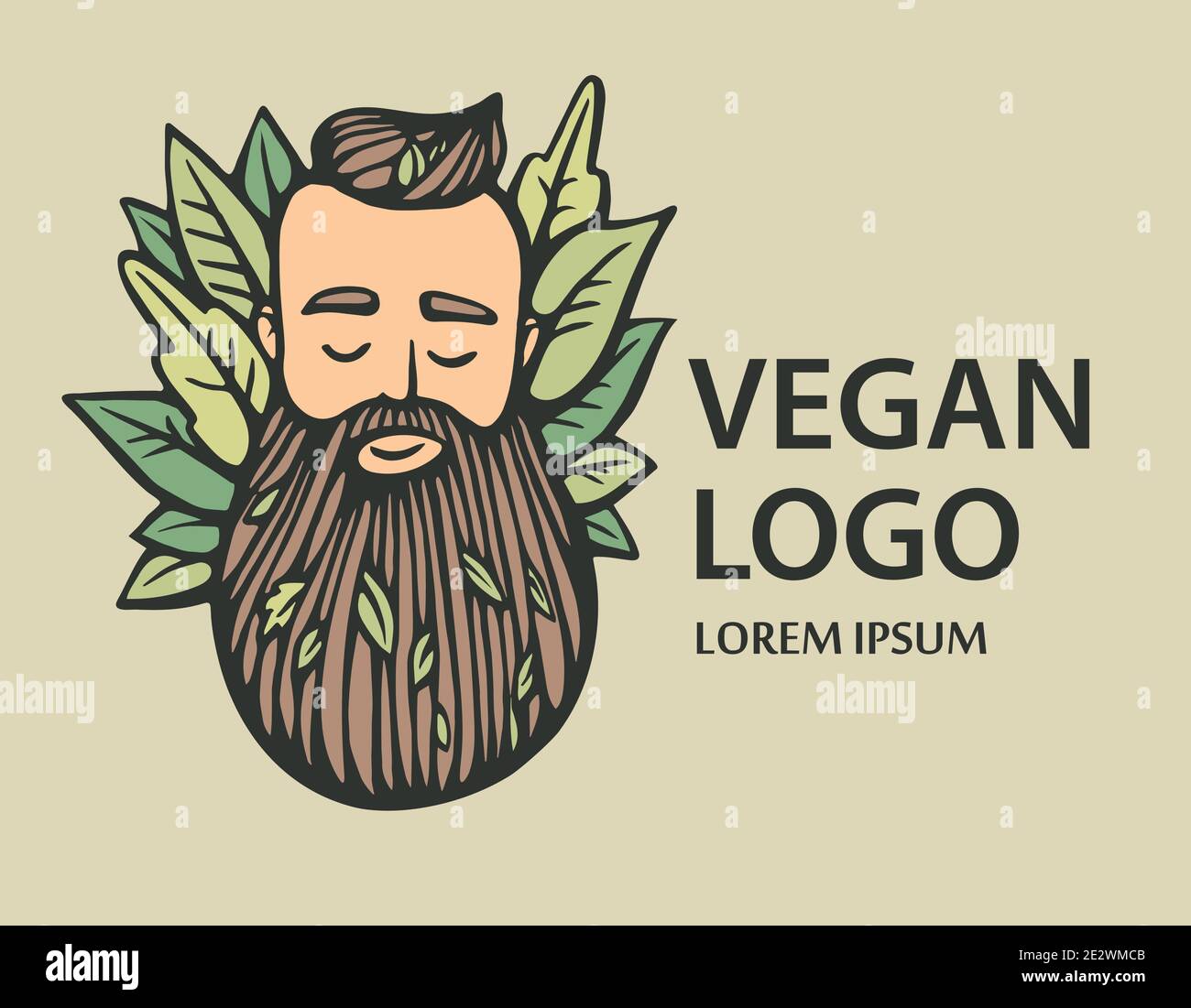 Eco nature logo. Hipster head with blooming beard with leafs on