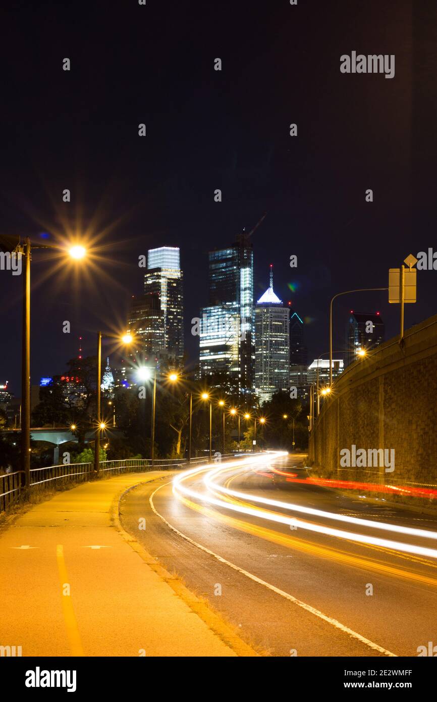 Philadelphia Pennsylvania Night time skyline, car with light trails