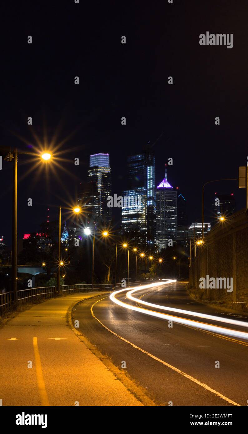 Philadelphia Pennsylvania Night time skyline, car with light trails