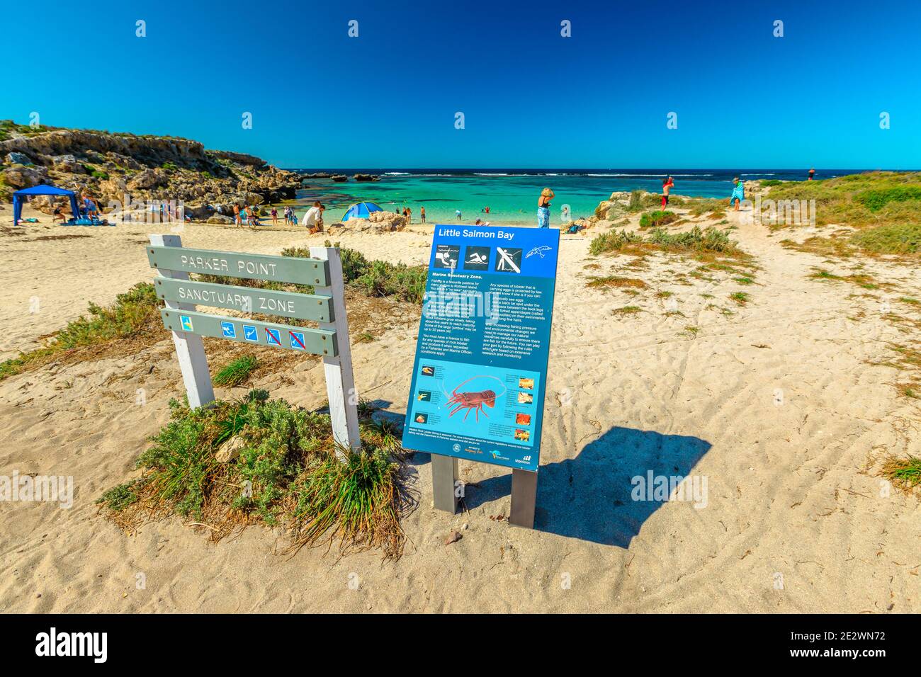 Rottnest Island, Western Australia - Jan 4, 2018: signboard of Little Salmon Bay, a paradise for snorkeling, swimming and sunbathing. Tourism in Perth Stock Photo