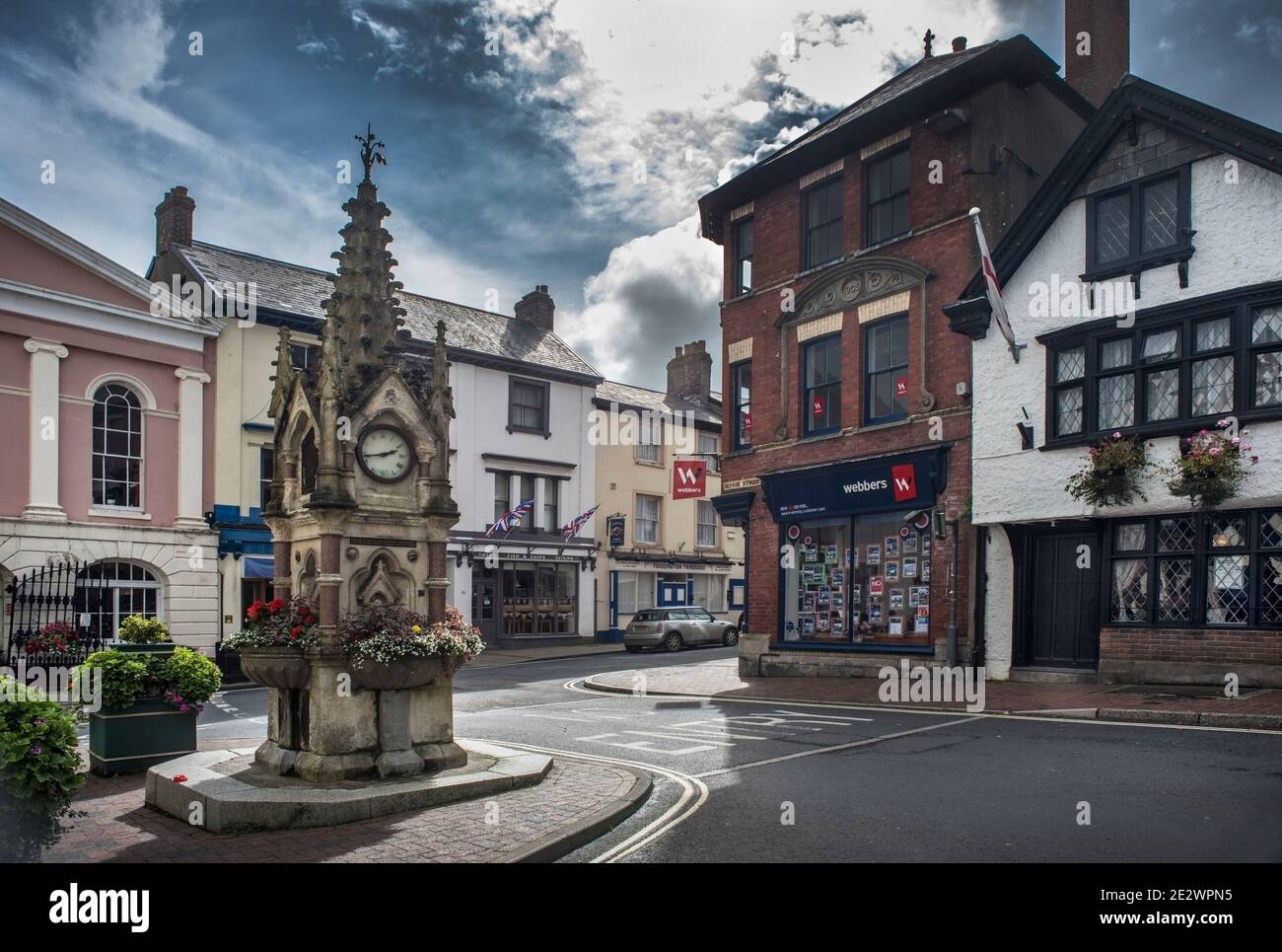 Great Torrington with the impressive clock is a friendly welcoming market town Stock Photo