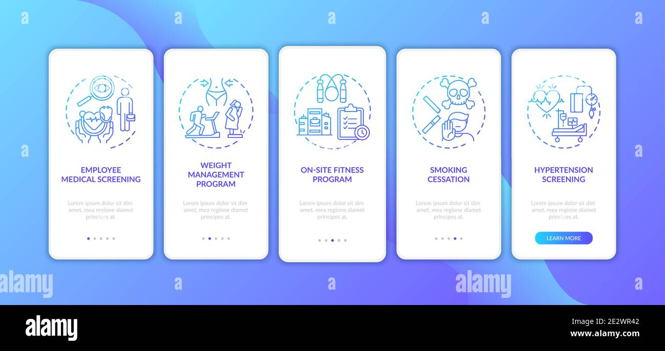 Workstation wellness onboarding mobile app page screen with concepts Stock Vector