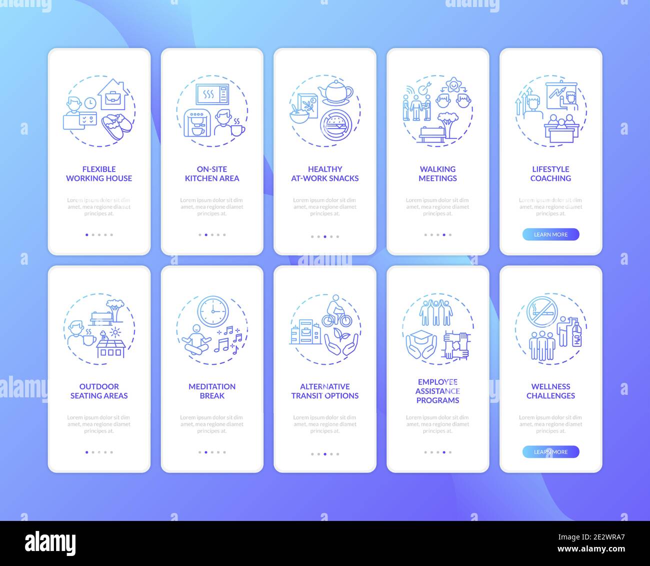 Workstation wellness onboarding mobile app page screen with concepts set Stock Vector