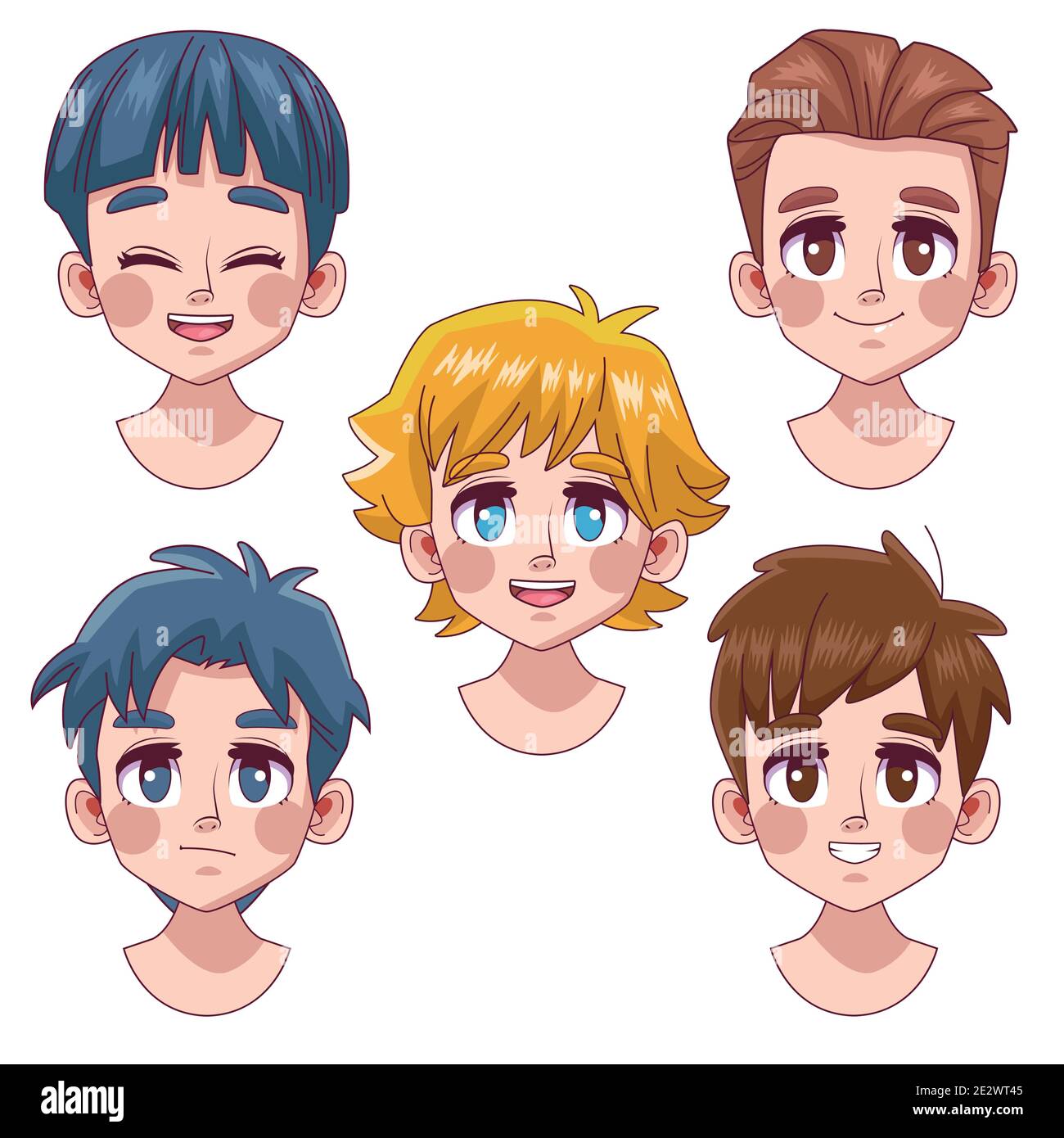 Group of young people faces anime style characters Stock Vector by