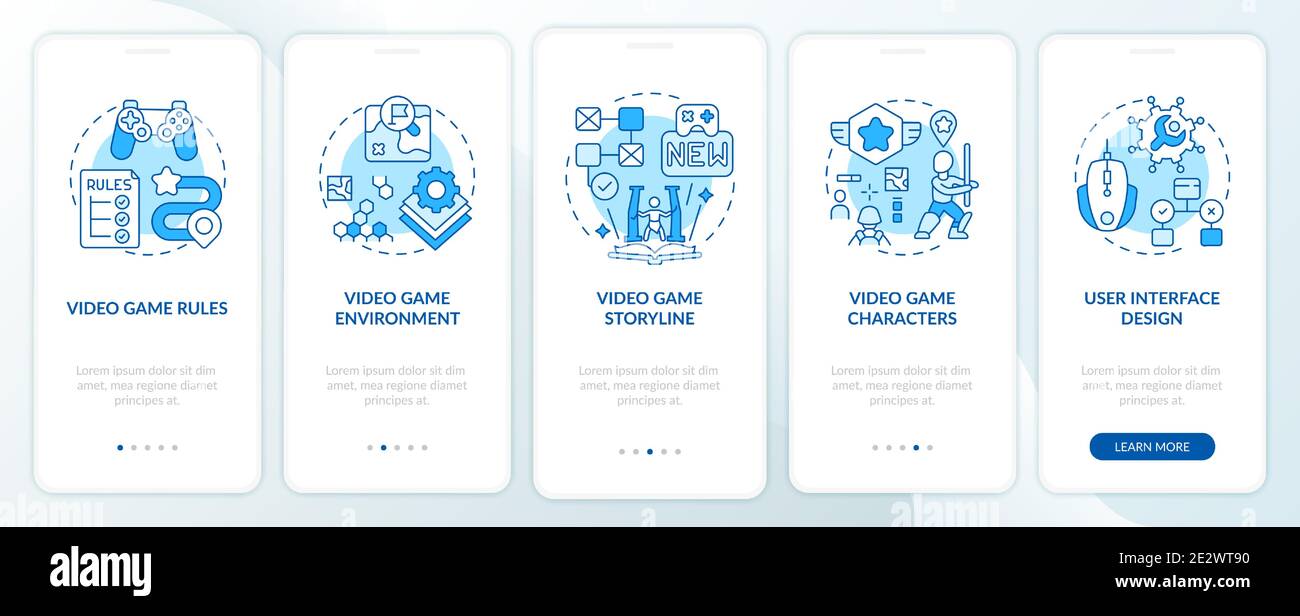 Video game design components onboarding mobile app page screen with concepts Stock Vector