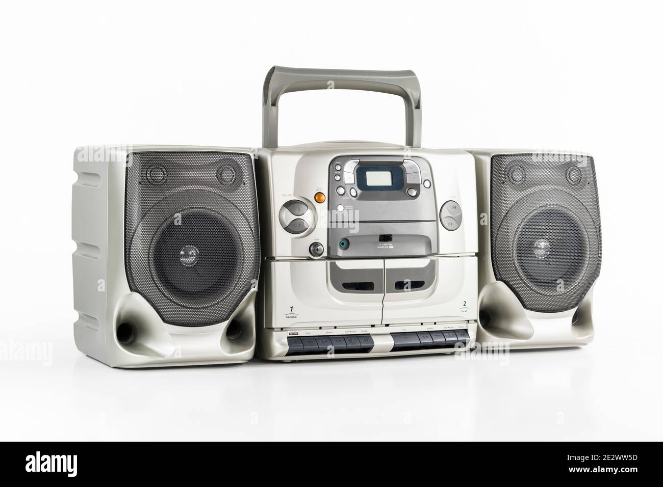Vintage boom box radio, cd,  stereo cassette tape player and recorder on white. Stock Photo