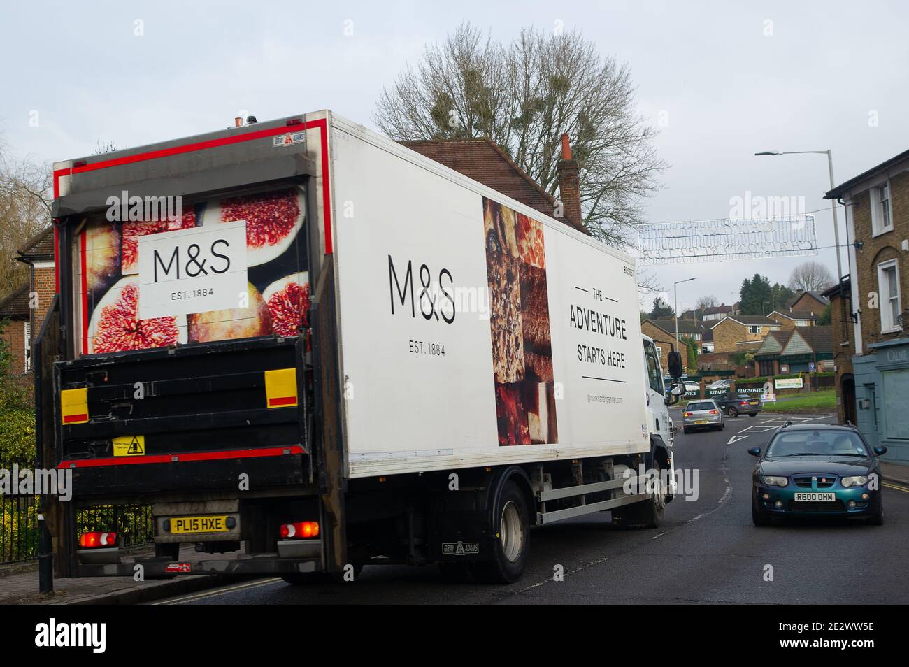 Chalfont St Peter, Buckinghamshire, UK. 15th January, 2021. An M&S lorry in the village of Chalfont St Peter. Some supermarkets are experiencing a shortage of fresh fruit and vegetables imported from the EU following Brexit. Credit: Maureen McLean/Alamy Stock Photo