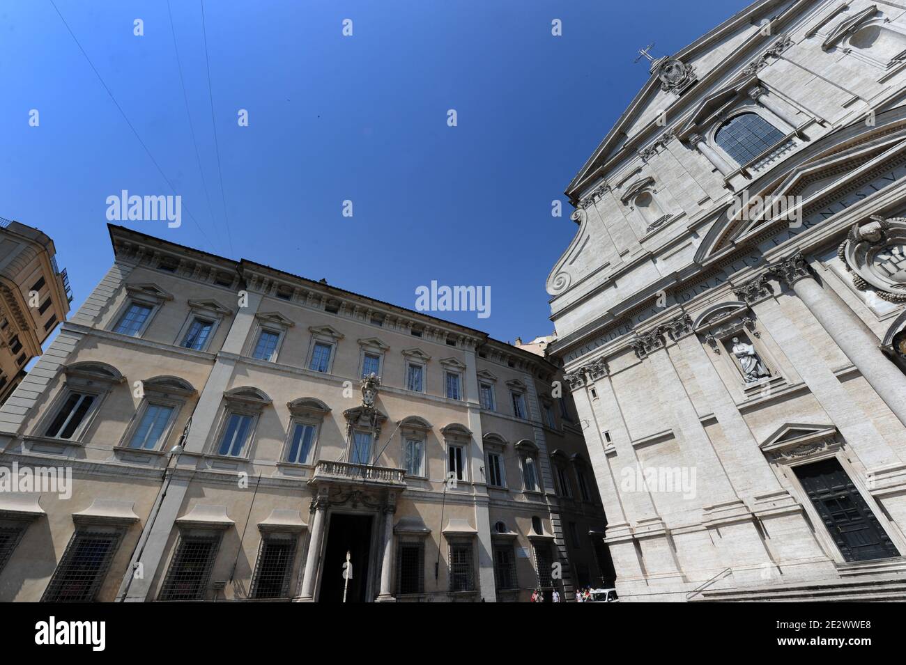 View of the Palazzo Altieri near the Church of the Gesu in Rome, Italy on June 25, 2010. Palazzo Altieri, which was the residence of one of the noblest families in the Middle Ages, is undoubtedly one of the finest palaces in Rome, due to its vastness and its large, richly decorated rooms. The Palace is the headquarters of the Italian Banking Association and is characterized by two architectural styles: the baroque and neoclassical. Photo by Eric Vandeville/ABACAPRESS.COM Stock Photo