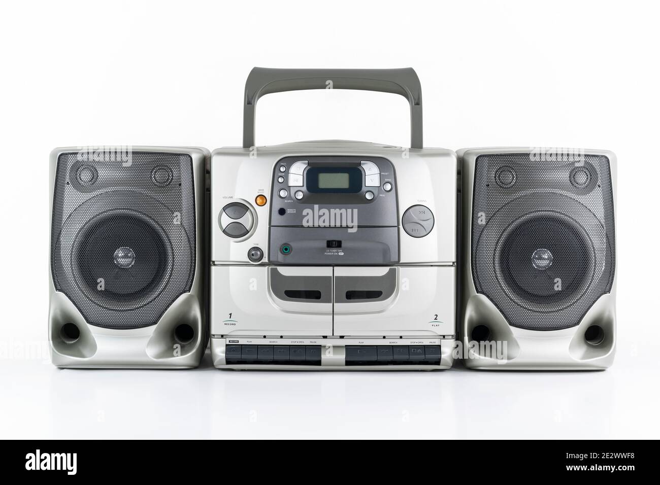 Vintage boom box style portable stereo radio, cd, cassette tape player and recorder on white. Stock Photo