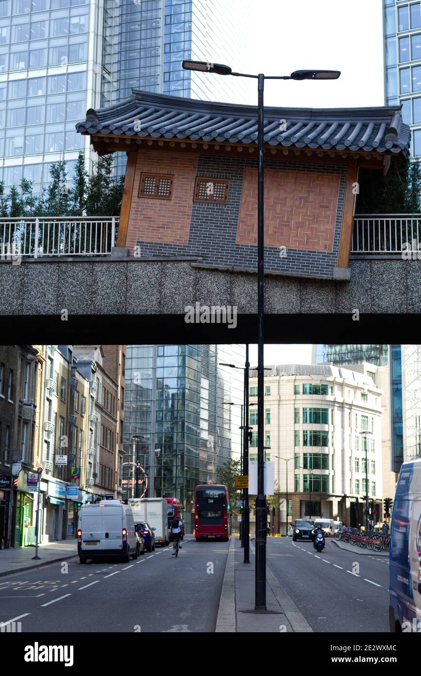 art installation of a Japanese hut on a bridge in London. Stock Photo