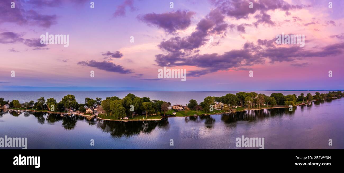 Aerial panorama of the Ceder Point peninsula at dusk Stock Photo