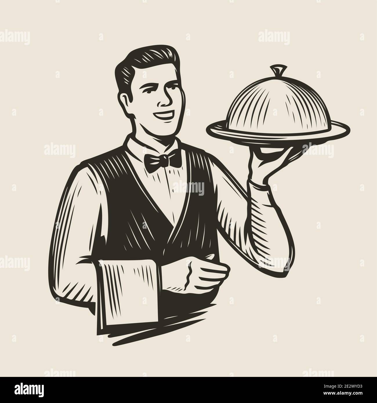 Waiter with a tray sketch. Restaurant, food service vector Stock Vector