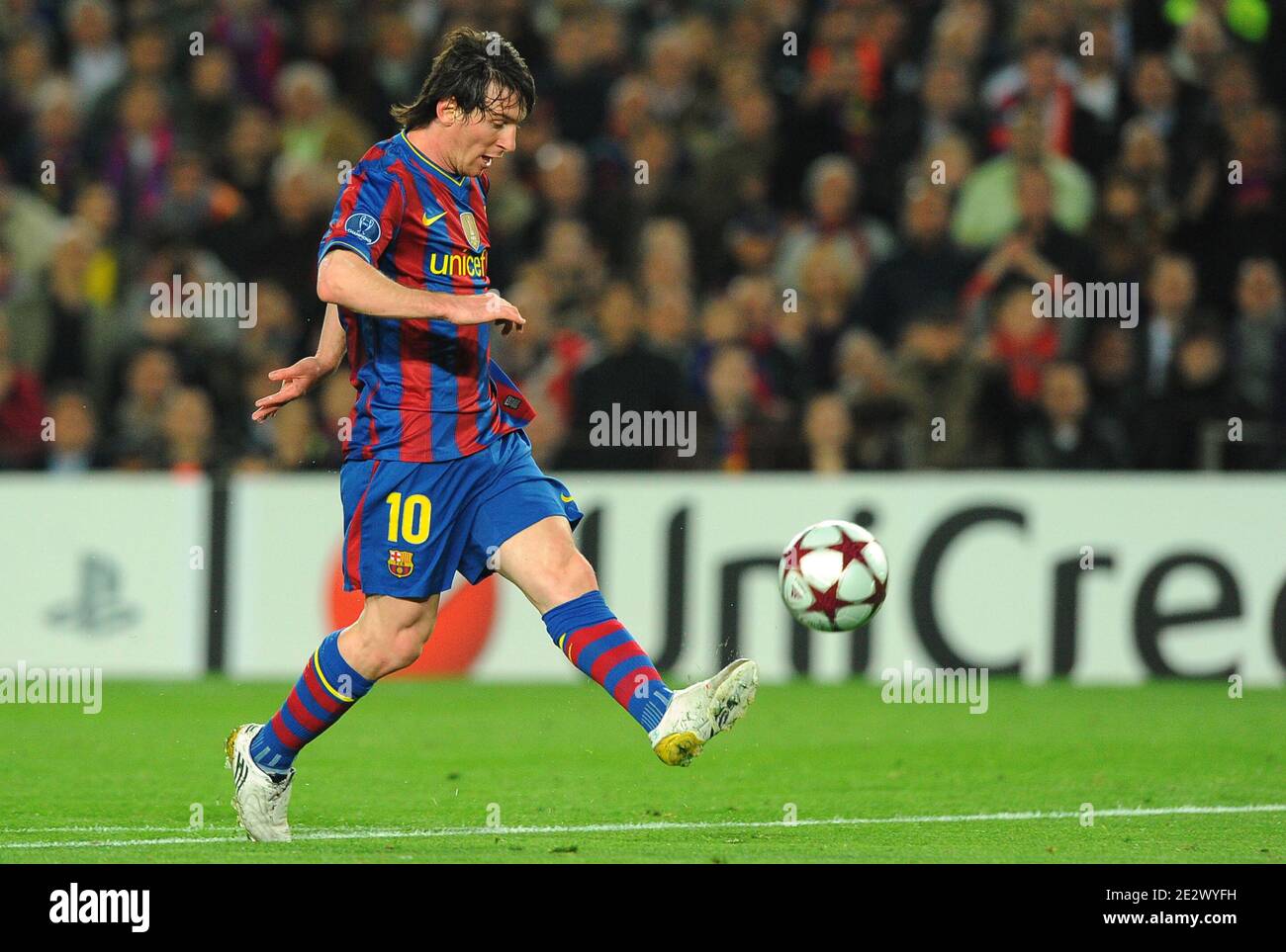 Barcelona's Lionel Messi during the UEFA Champions League,Quarter Final,  Second Leg Soccer match, FC Barcelona vs Arsenal at Nou Camp in Barcelona,  Spain on March 6, 2010. Barcelona beat Arsenal 4-1 to