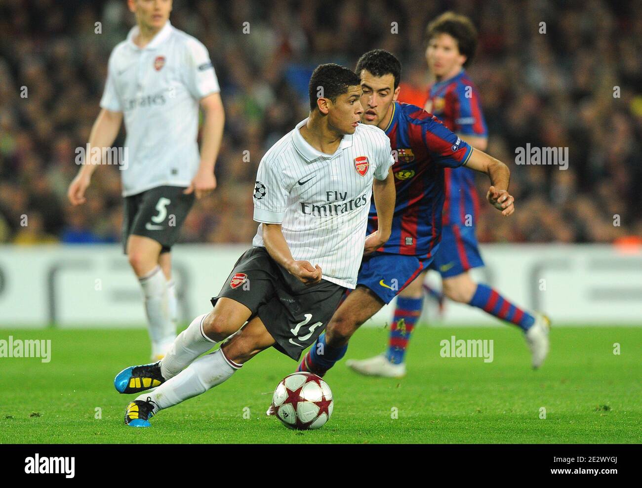 Arsenal'S Denilson During The Uefa Champions League,Quarter Final, Second  Leg Soccer Match, Fc Barcelona Vs Arsenal At Nou Camp In Barcelona, Spain  On March 6, 2010. Barcelona Beat Arsenal 4-1 To Reach