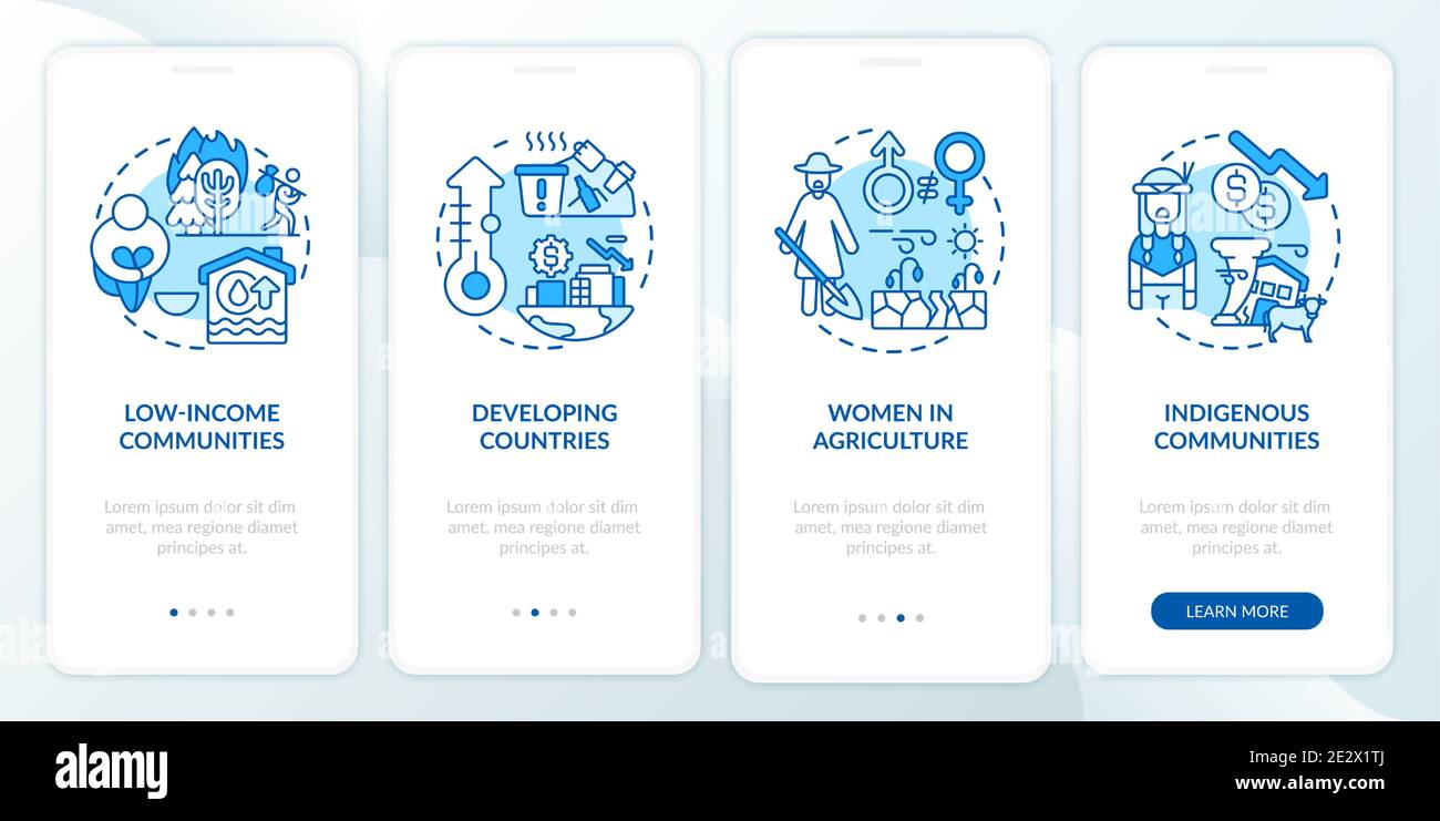 Climate poverty risk groups onboarding mobile app page screen with concepts. Stock Vector