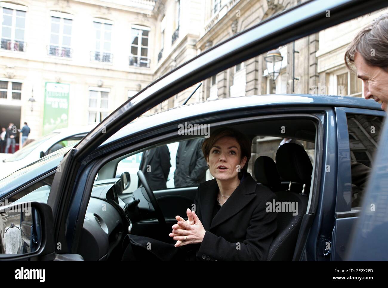 French Junior ecology minister Chantal Jouanno is pictured in the Peugeot iOn electric car in the courtyard of the Ecology ministry after a meeting focus on electric and hybrid cars development in Paris, France on April 13th, 2010. Photo by Stephane Lemouton/ABACAPRESS.COM Stock Photo