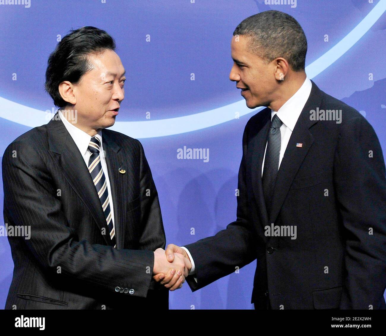 Barack Obama welcomes Prime Minister Yukio Hatoyama of Japan to the Nuclear Security Summit at the Washington Convention Center in Washington, DC, USA, April 12, 2010. Photo by Ron Sachs/ABACAPRESS.COM Stock Photo