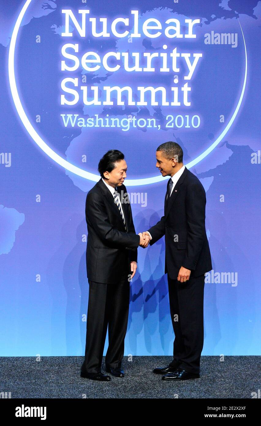 Barack Obama welcomes Prime Minister Yukio Hatoyama of Japan to the Nuclear Security Summit at the Washington Convention Center in Washington, DC, USA, April 12, 2010. Photo by Ron Sachs/ABACAPRESS.COM Stock Photo