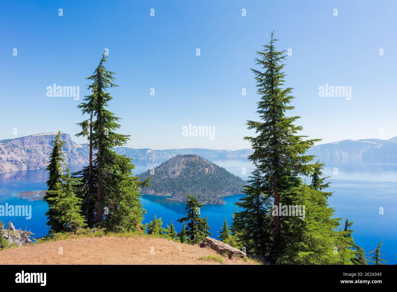Scenic landscape and summer view of Wizard Island in Crater Lake National Park, Oregon, USA Stock Photo