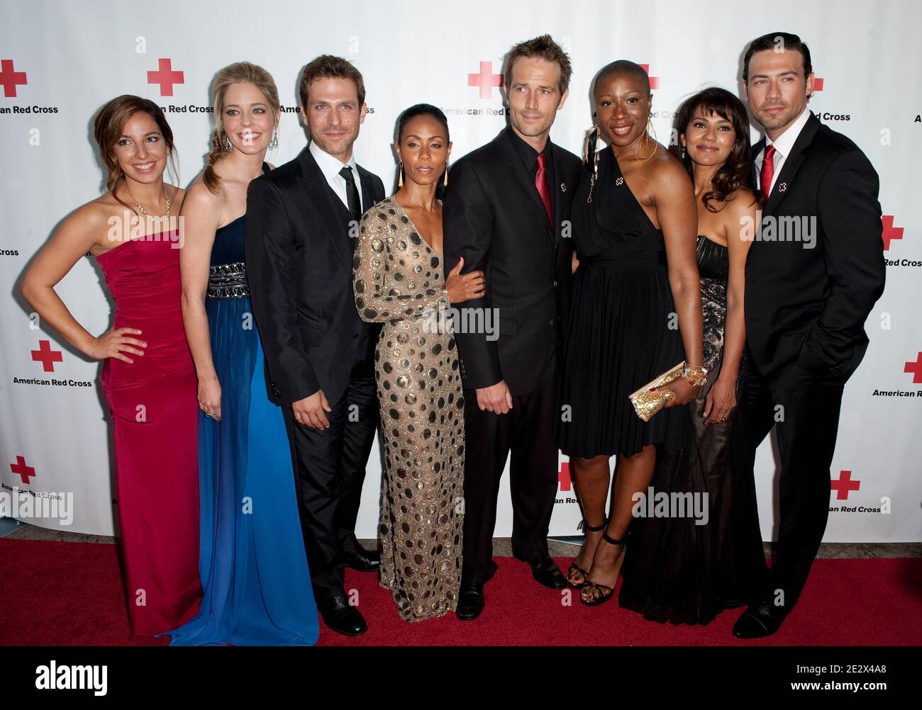 'Jada Pinkett Smith attends the American Red Cross: Santa Monica Chapter hosts annual red tie affair honoring herself and the cast of ''Hawthorne'' at the Fairmont Hotel in Los Angeles, CA, USA on April 17, 2010. (Pictured: Jada Pinkett Smith, Michael Vartan, David Julian Hirsh, Christina Moore, Suleka Mathew, Vanessa Lengies). Photo by Lionel Hahn/ABACAPRESS.COM' Stock Photo