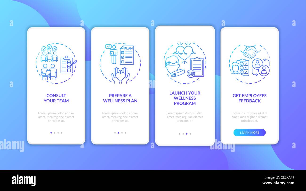 Workstation wellness onboarding mobile app page screen with concepts Stock Vector