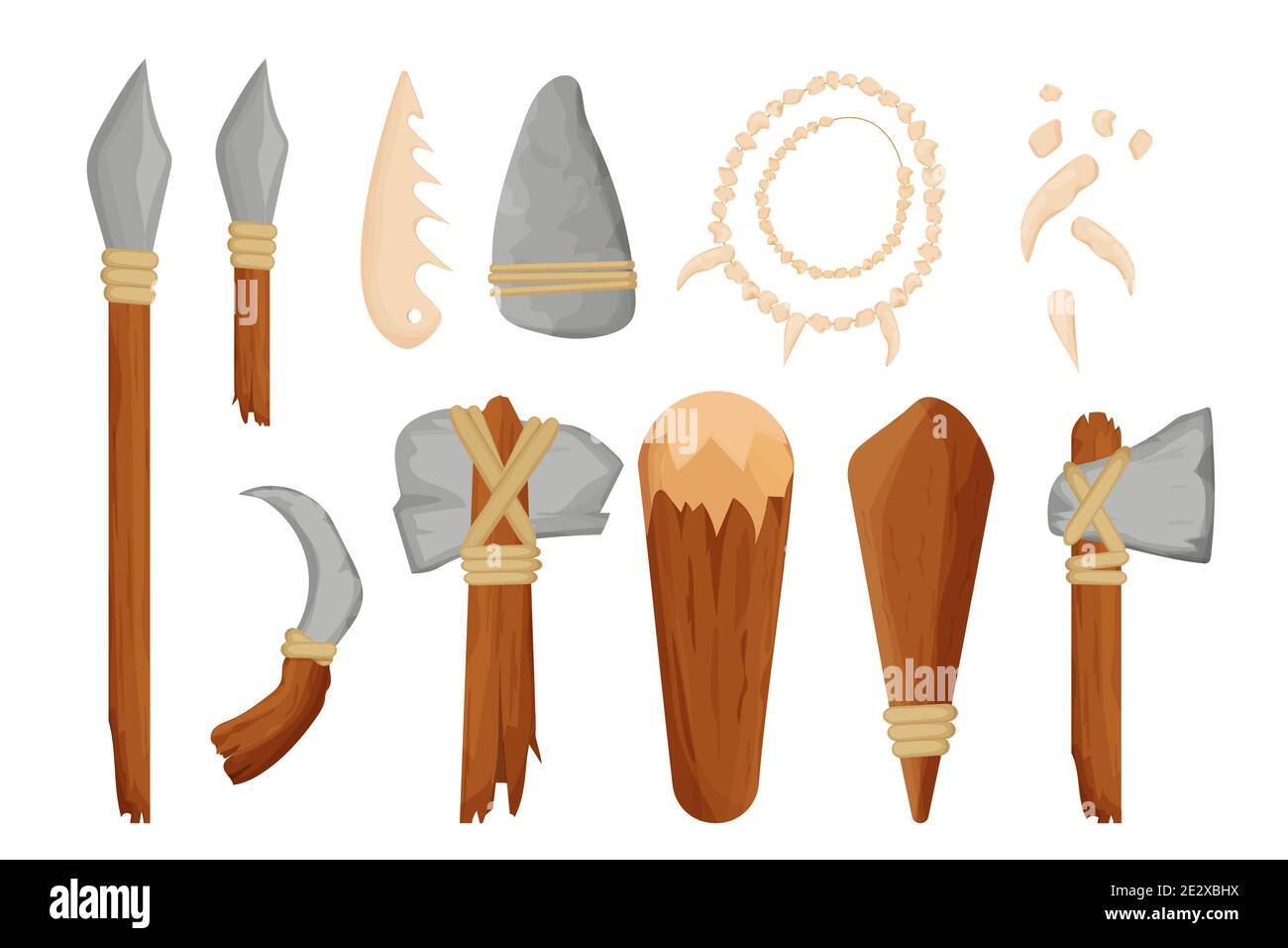 Set of stone age tools, weapon detailed in cartoon style. Sharpen rock as knife, hammer, axe from stone and wood, club, spear and bone isolated on white background stock vector illustration.. Stock Vector
