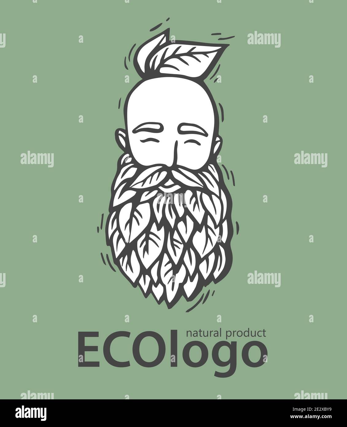 Eco nature logo. Hipster head with blooming beard with leafs. Hand