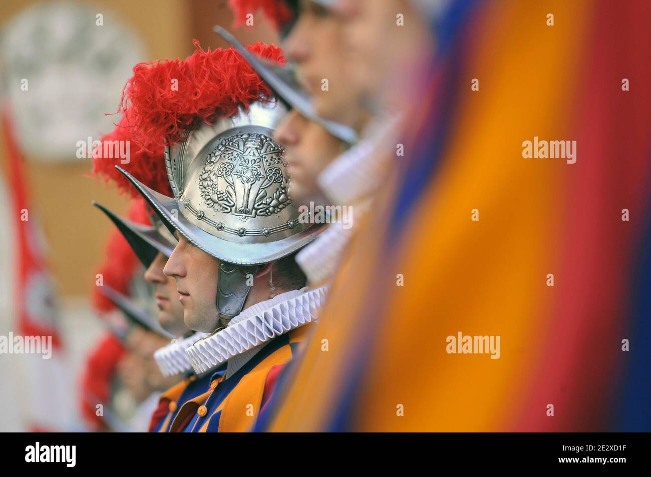 Vatican Swiss Guards commemorate the 1527 Sack of Rome, in the courtyard of the headquarters of the Swiss Guards, at the Vatican on May 6, 2010. The ceremony is held each May 6 to commemorate the 147 Swiss Guards who died protecting Pope Clement VII during the 1527 Sack of Rome carried out by the mutinous troops of Charles V, Holy Roman Emperor. Photo by ABACAPRESS.COM Stock Photo