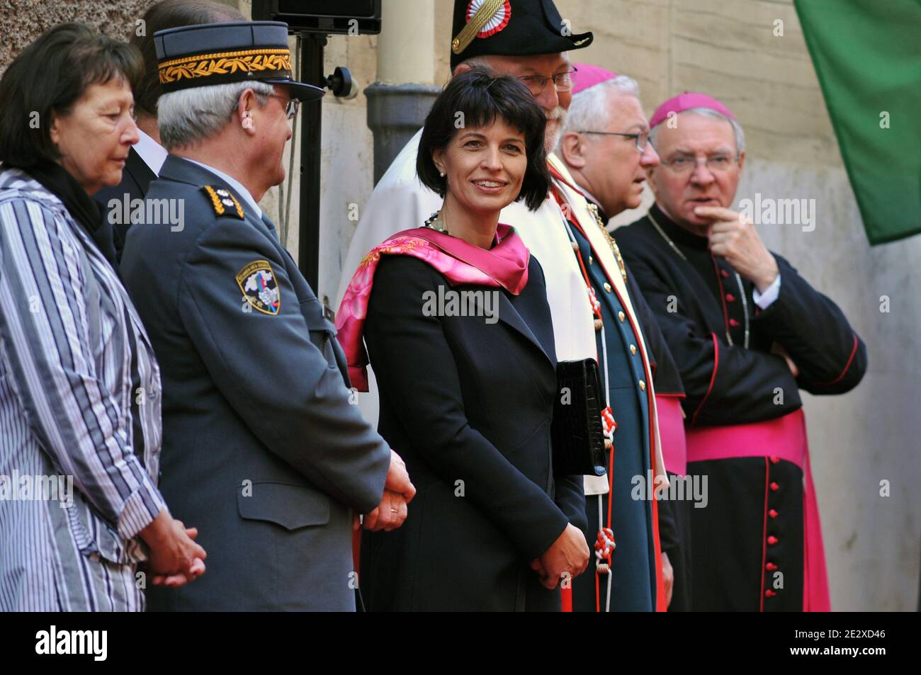 President of Swiss Confederation Doris Leuthard during a celebration commemorating the 1527 Sack of Rome, in the courtyard of the headquarters of the Swiss Guards, at the Vatican on May 6, 2010. The ceremony is held each May 6 to commemorate the 147 Swiss Guards who died protecting Pope Clement VII during the 1527 Sack of Rome carried out by the mutinous troops of Charles V, Holy Roman Emperor. Photo by ABACAPRESS.COM Stock Photo