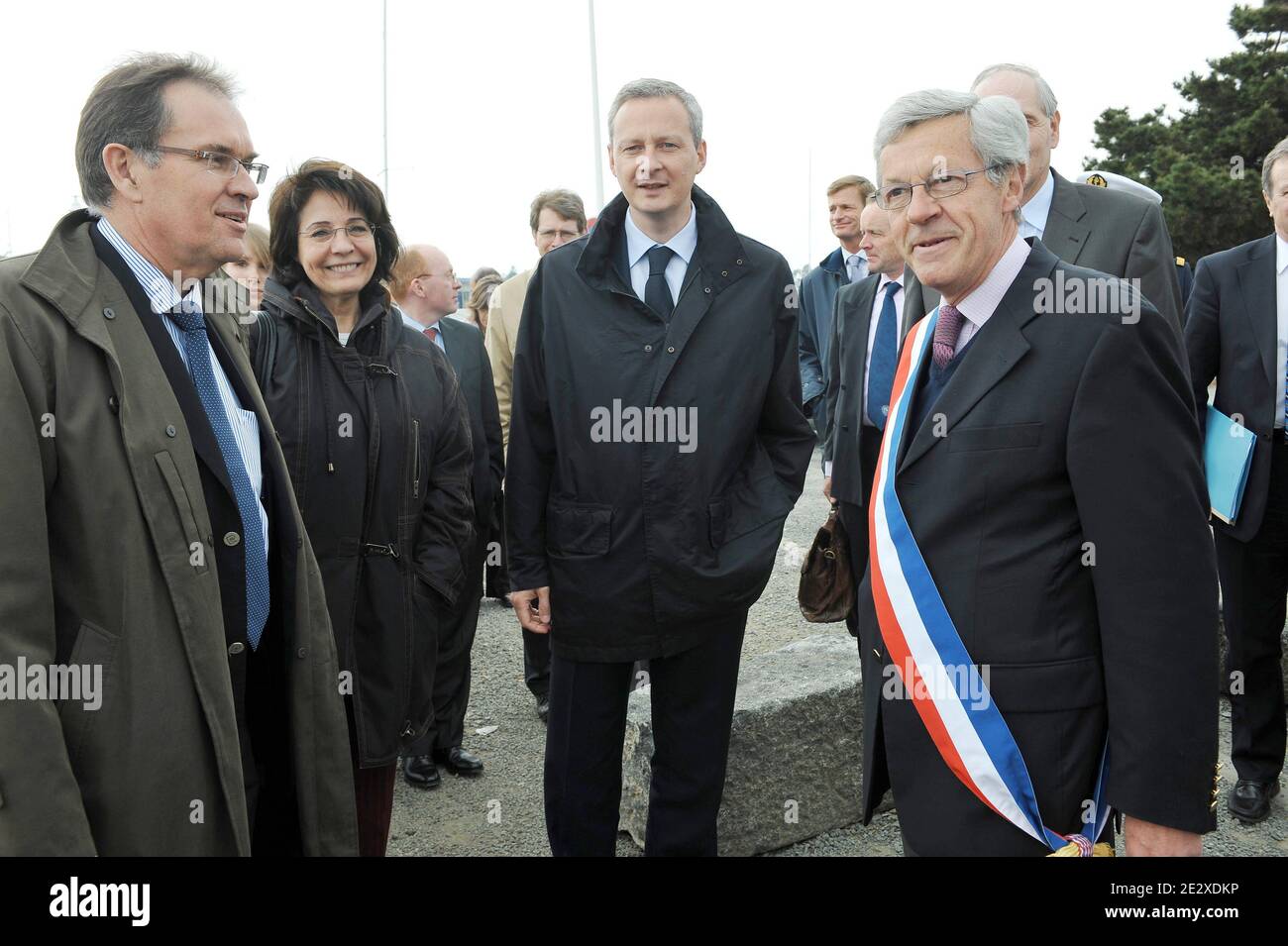 European deputy Alain Cadec, French Minister for Agriculture, Fisheries and Food Bruno Le Maire and EU fisheries and maritime affairs commissioner Maria Damanaki meet fischermen in Saint-Quay Portrieux, France on May 7, 2010. Bruno Le Maire and Maria Damanaki meet professionals of fishing in Brittany. Photo Thierry Orban/ABACAPRESS.COM Stock Photo