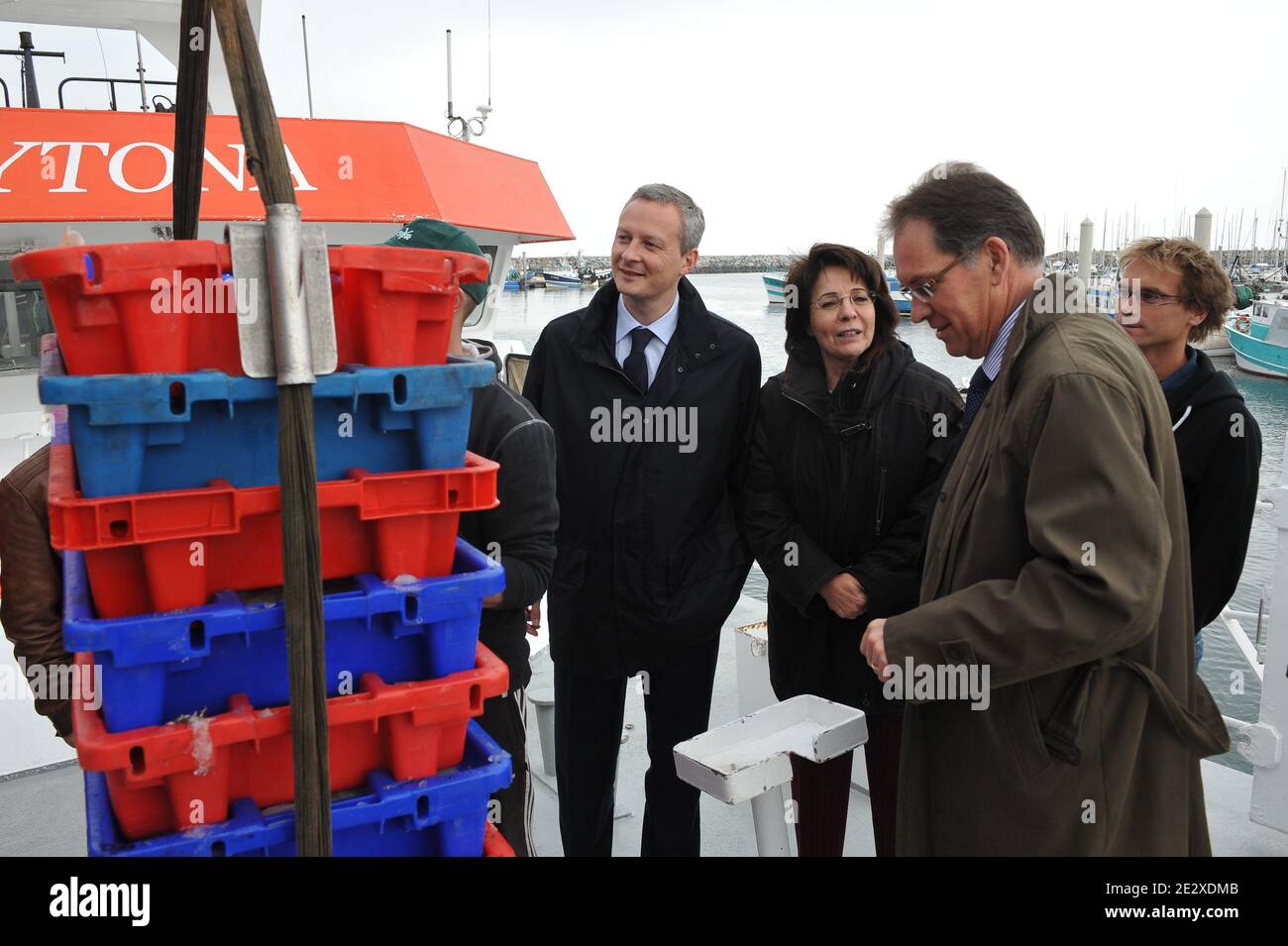 French Minister for Agriculture, Fisheries and Food Bruno Le Maire, EU fisheries and maritime affairs commissioner Maria Damanaki and European deputy Alain Cadec meet fischermen in Saint-Quay Portrieux, France on May 7, 2010. Bruno Le Maire and Maria Damanaki meet professionals of fishing in Brittany. Photo Thierry Orban/ABACAPRESS.COM Stock Photo