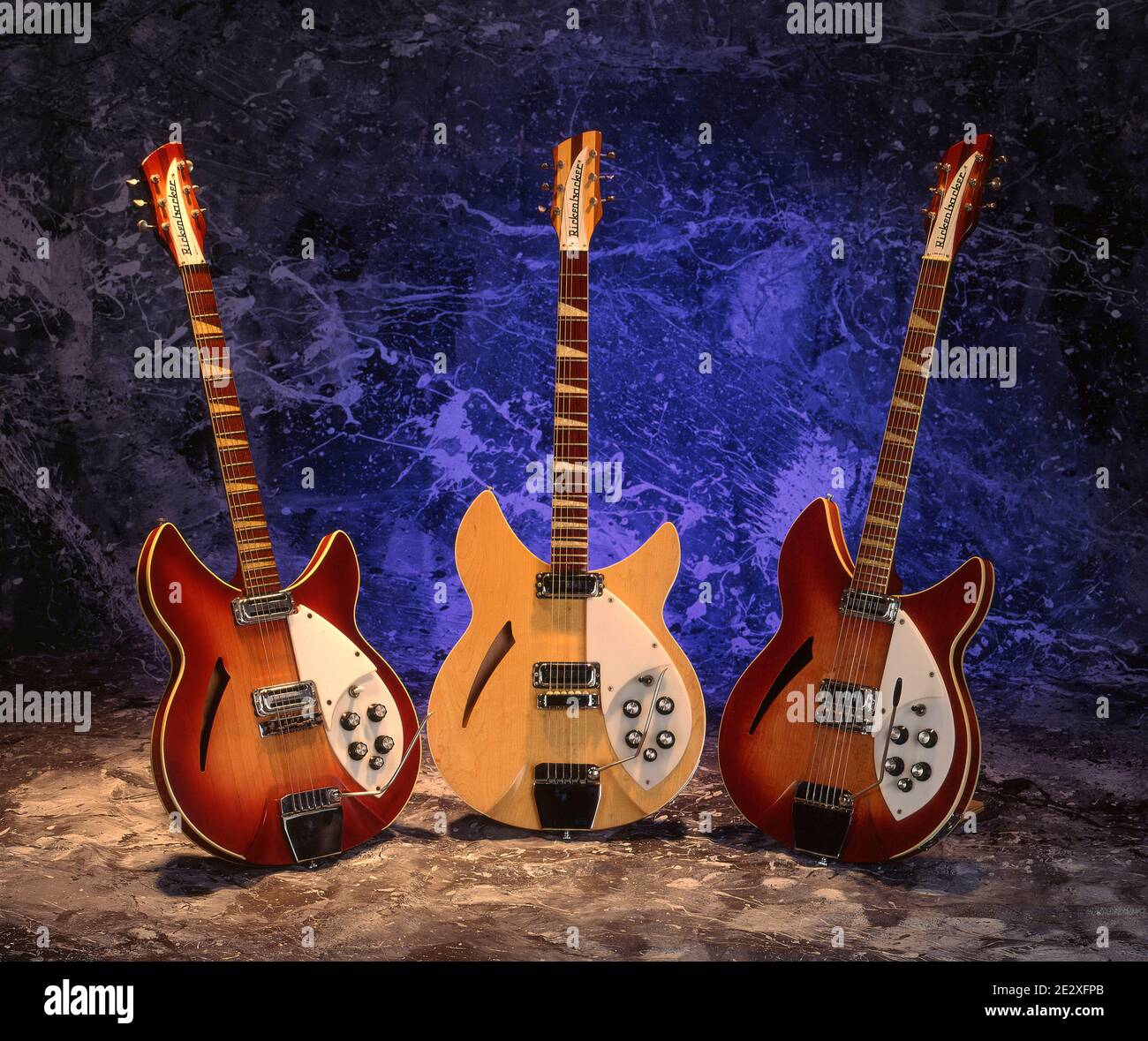 Three Rickenbacker Guitars, built by Rickenbacker Manufacturing Company in Santa Ana, California. Stock Photo