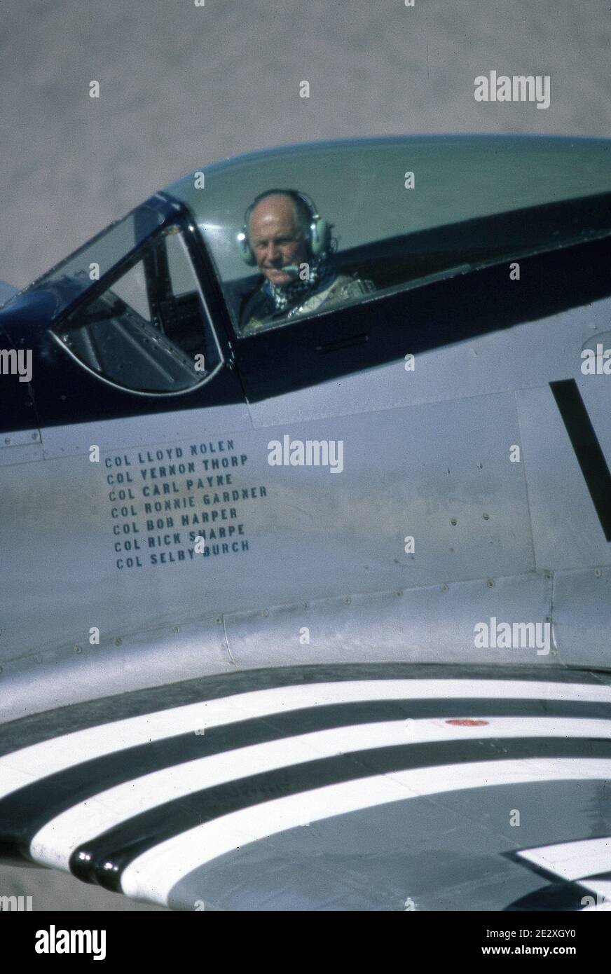 General Chuck Yeager and General Joe Engle flying WWII Fighters. Stock Photo