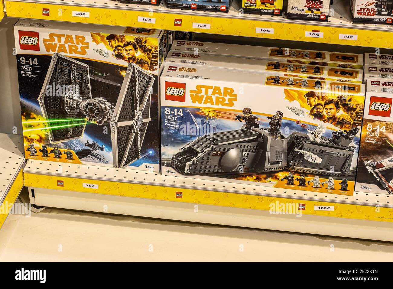 Lego box on the shop display for sale, Lego Star Wars, Speed, Super Heroes,  City, Juniors, Classic, Duplo, Creator, Technic, Friends, Ninjago, Elves  Stock Photo - Alamy