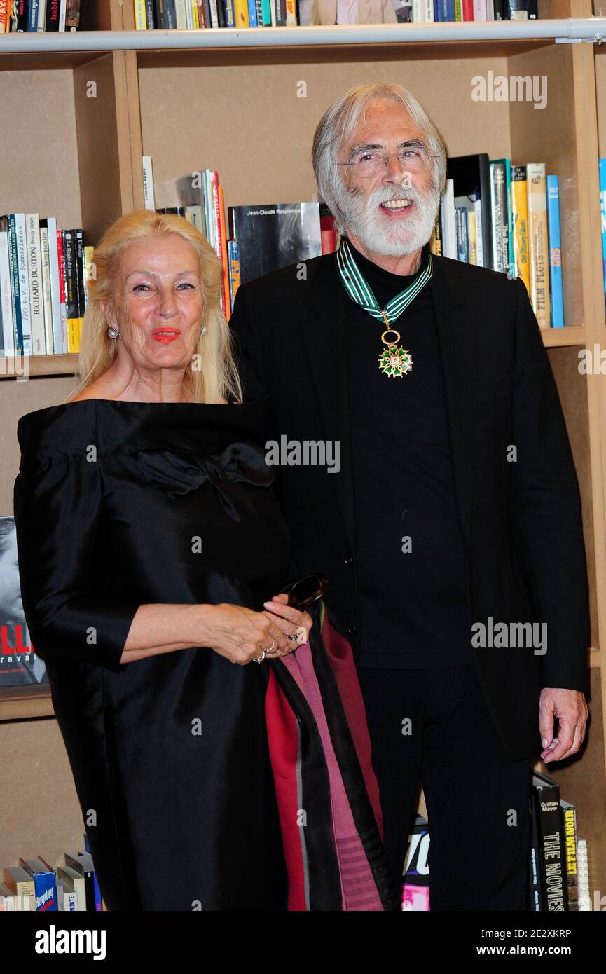 Austrian writer and director Michael Haneke poses with his wife Suzie as he receives the Commander in the Order of Arts and Literature at the Palais des Festivals during the 63rd Annual Cannes Film Festival in Cannes, France on May 16, 2010. Photo by Nicolas Briquet/ABACAPRESS.COM Stock Photo