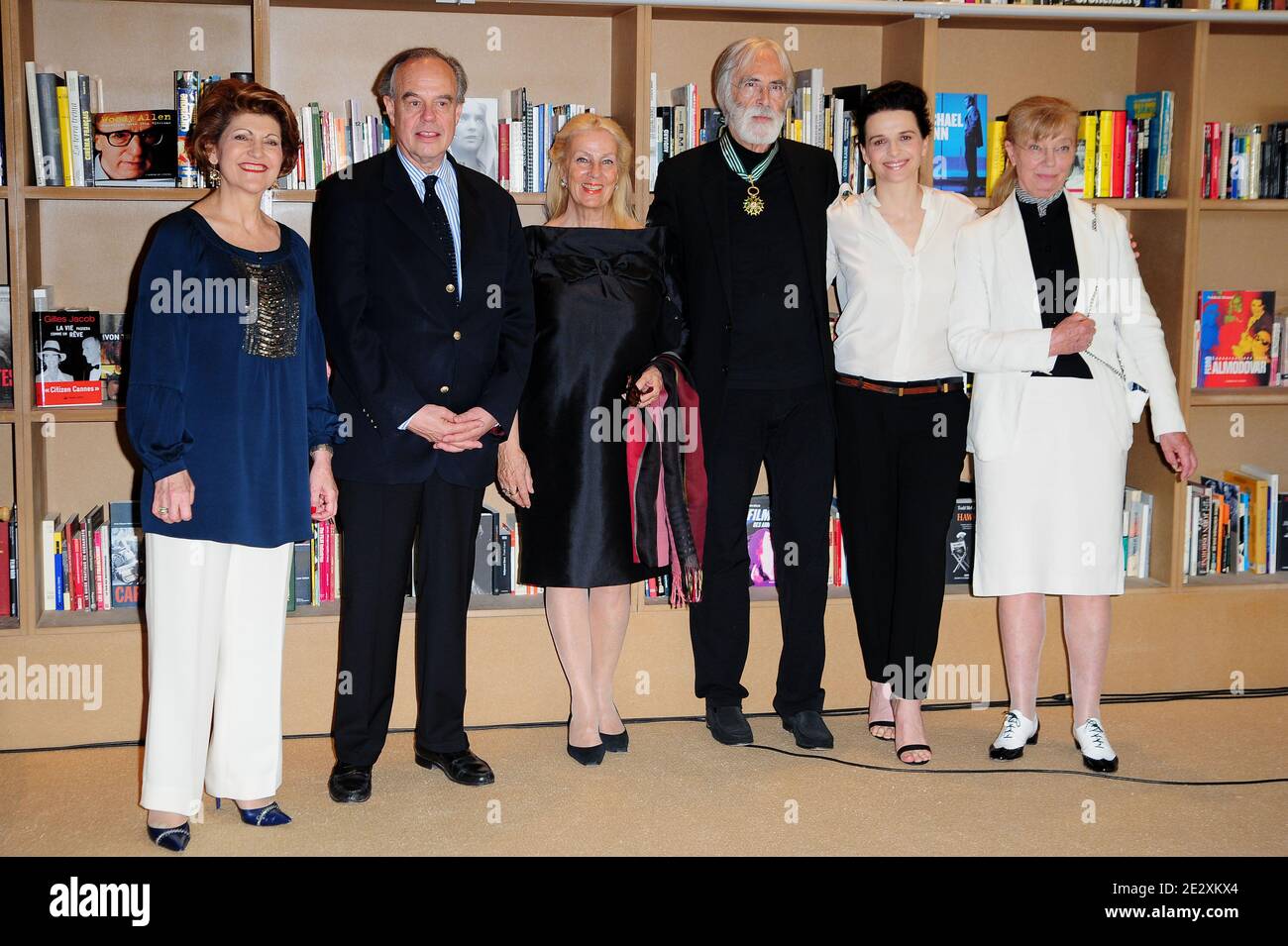 Austrian writer and director Michael Haneke poses with Juliette Binoche, Gilles Jacob, Thierry Fremaux and Androulla Vassiliou and French Culture Minister Frederic Mitterrand as he is awarded the Commander in the Order of Arts and Literature at the Palais des Festivals during the 63rd Annual Cannes Film Festival in Cannes, France on May 16, 2010. Photo by Nicolas Briquet/ABACAPRESS.COM Stock Photo