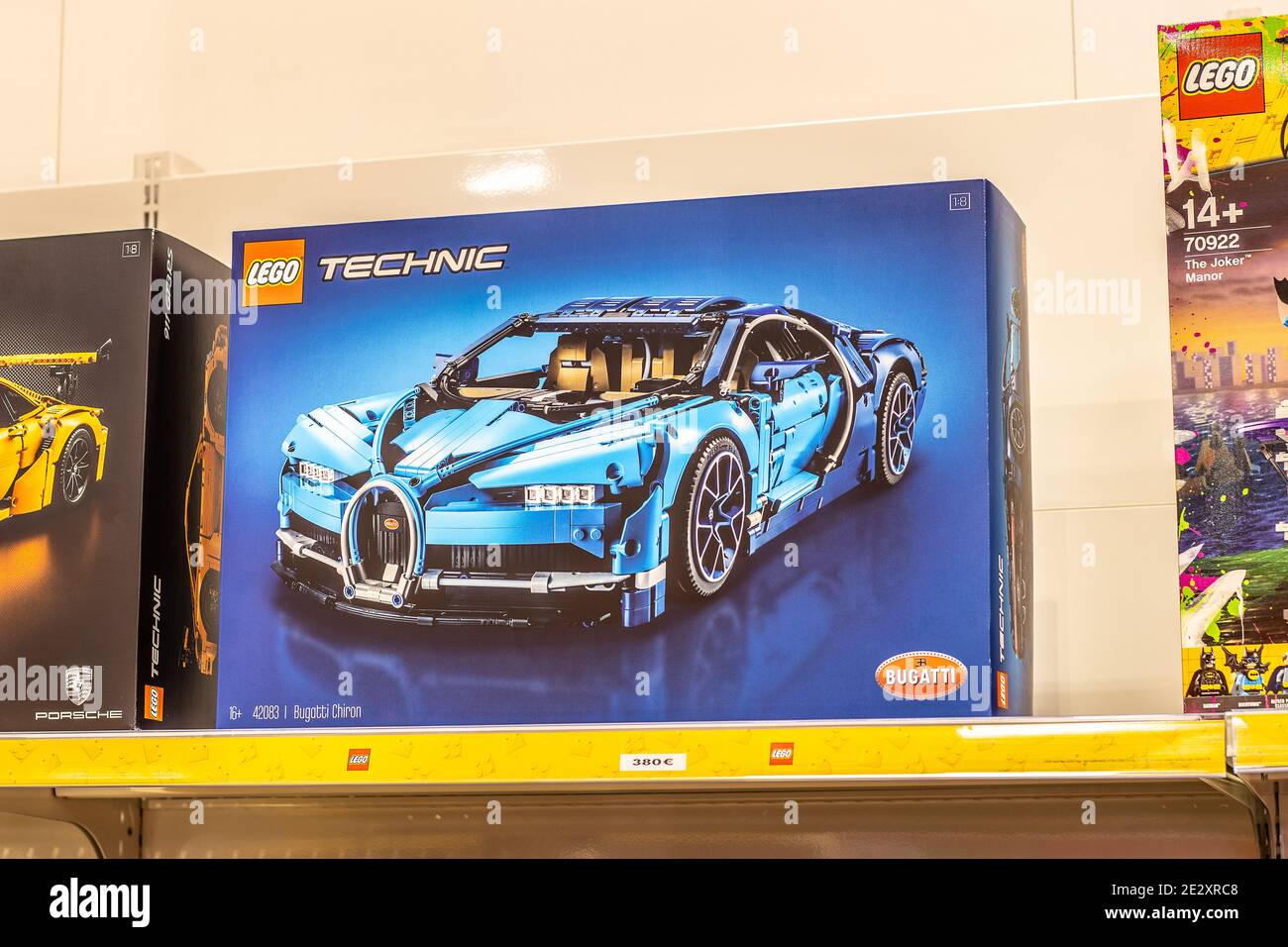 blue Bugatti Chiron by LEGO Technic on display for sale at Mondial Paris Motor Show 2018, LEGO Bugatti exhibition site Stock Photo