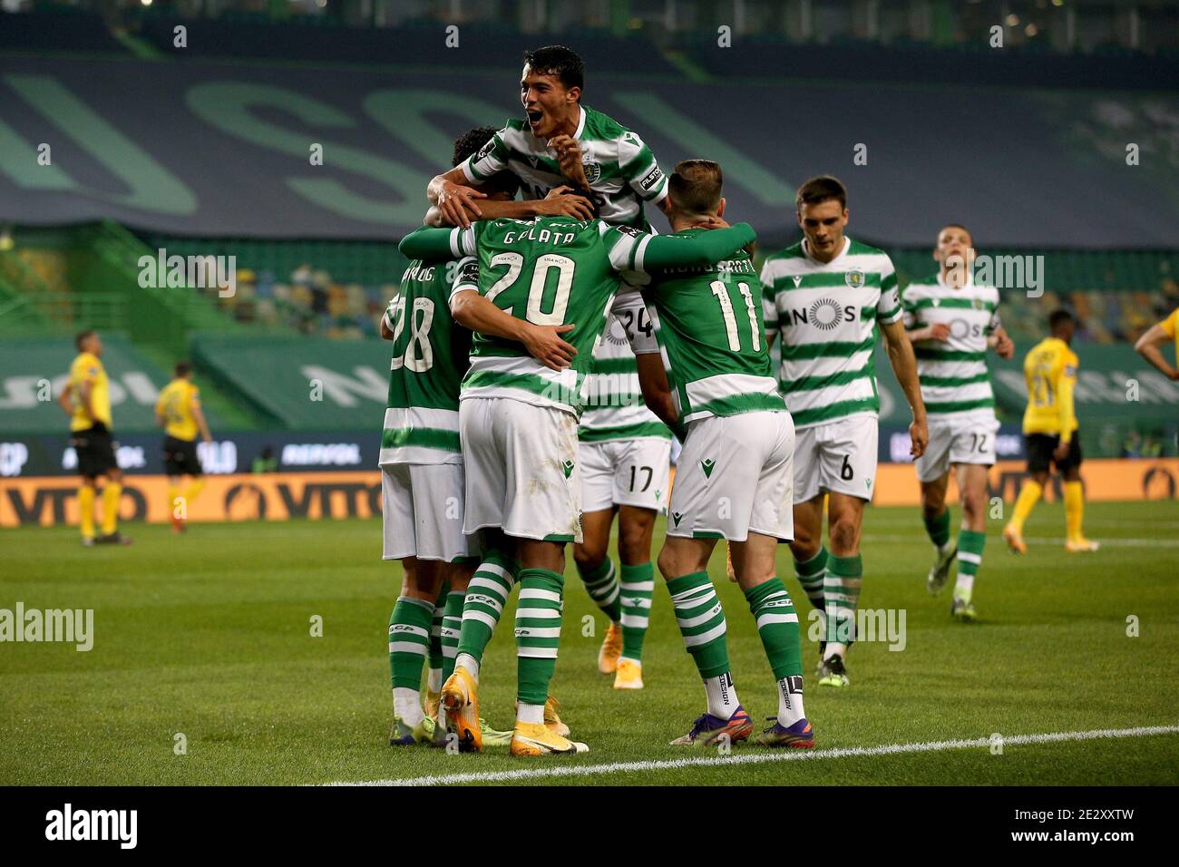 Lisbon Portugal 15th Jan 21 Pedro Goncalves Of Sporting Cp Celebrates With Teammates After Scoring During The Portuguese League Football Match Between Sporting Cp And Rio Ave Fc At Jose Alvalade Stadium Lisbon Portugal 15th Jan 21 Pedro Goncalves Of Sporting Cp Celebrates With Teammates After Scoring During The Portuguese League Football Match Between Sporting Cp And Rio Ave Fc At Jose Alvalade Stadium