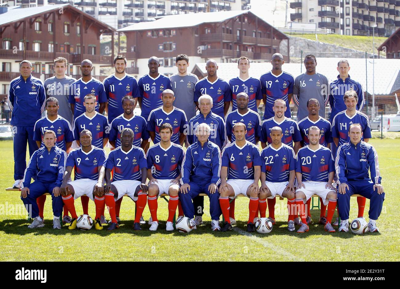 The French national football team and the technical staff pose prior to a  training session near Tignes in the French Alps, France on May 25, 2010 as  part of the preparation for