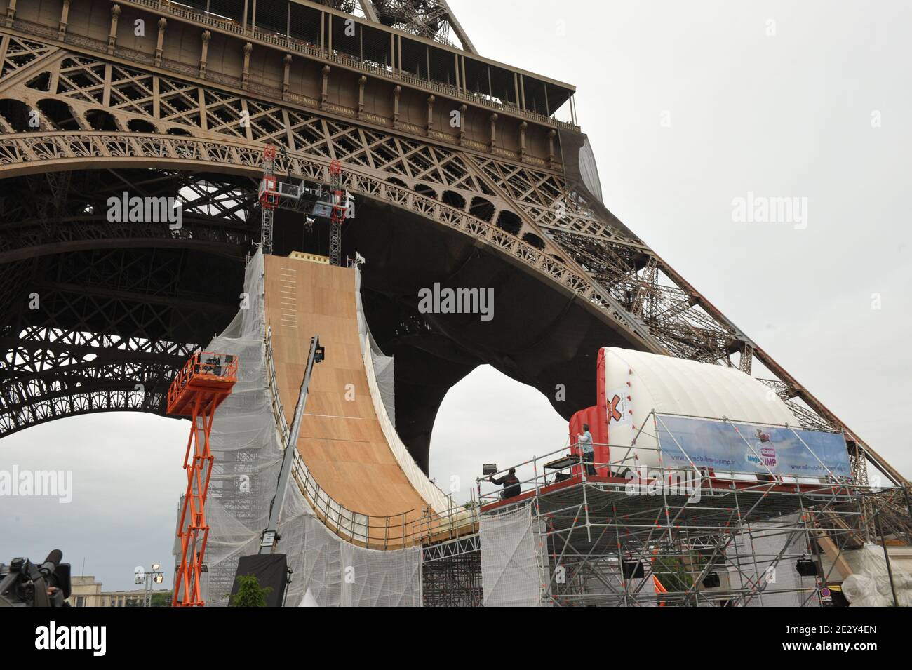 French world roller champion Taig Khris jumps 30 meter halfpipe built under  the 'Tour Eiffel', in Paris, France, on May 29, 2010. He performs the world  record of 10 meter free jump