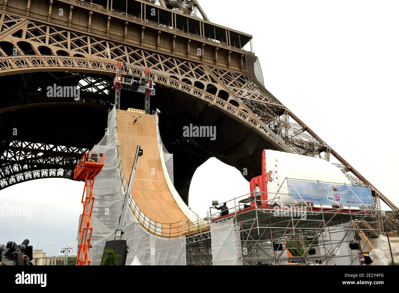 French world roller champion Taig Khris jumps 30 meter halfpipe built under  the 'Tour Eiffel', in Paris, France, on May 29, 2010. He performs the world  record of 10 meter free jump