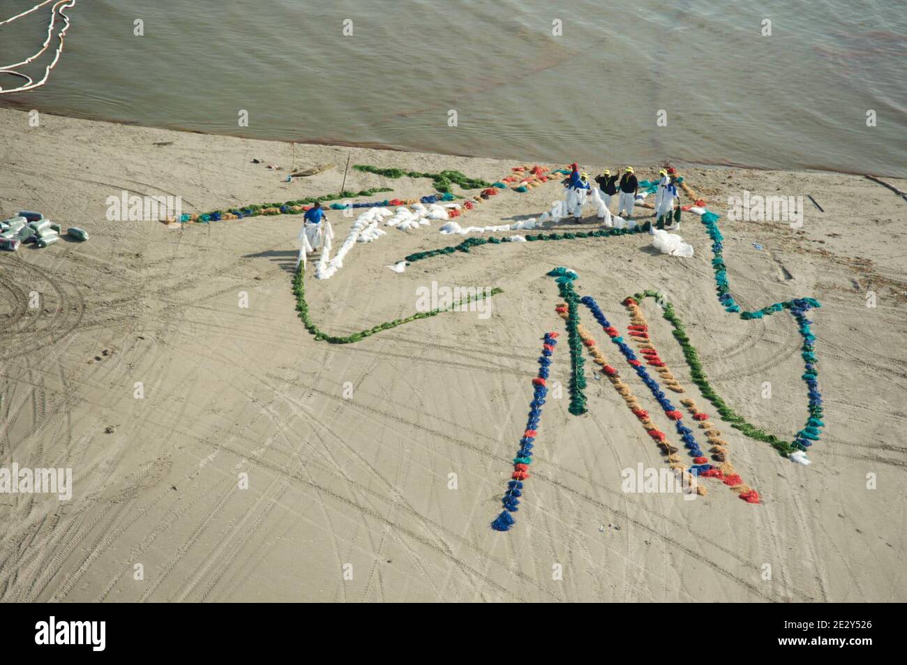 Exclusive Coverage - Aerial view of Workers contracted by BP May 24, 2010 in Elmer Island Louisiana. BP officials indicated on Saturday that the latest attempt to plug the source of the worst oil spill in U.S. history still hasn't been successful. Photo by Richard Shephard /ABACAPRESS.COM Please agree fees prior to usage. Stock Photo