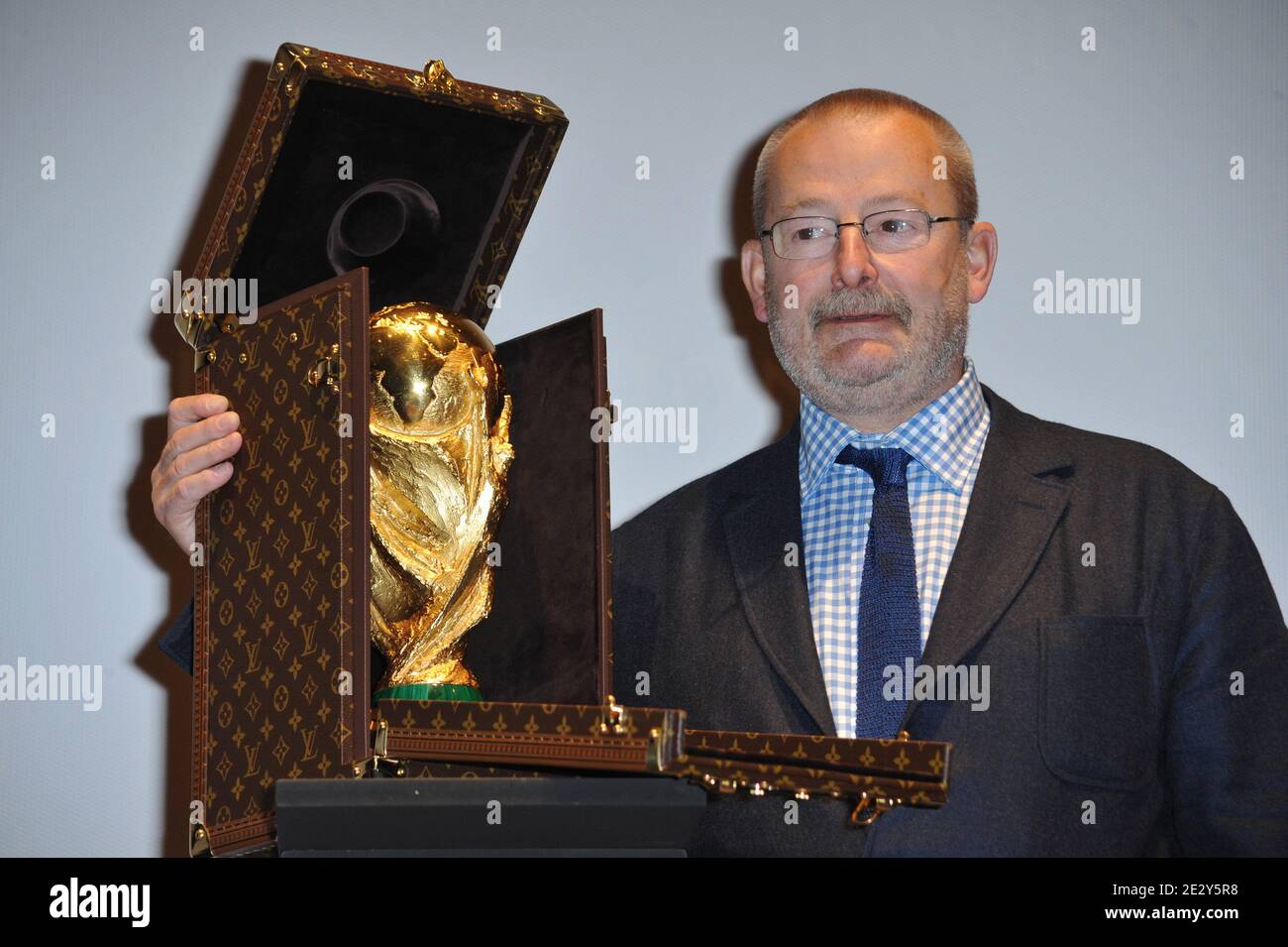 The travel case (containing a replica) made by Louis Vuitton to carry the FIFA  World Cup Trophy, during a press presentation held at the Louis Vuitton  headquarters in Paris, France on June