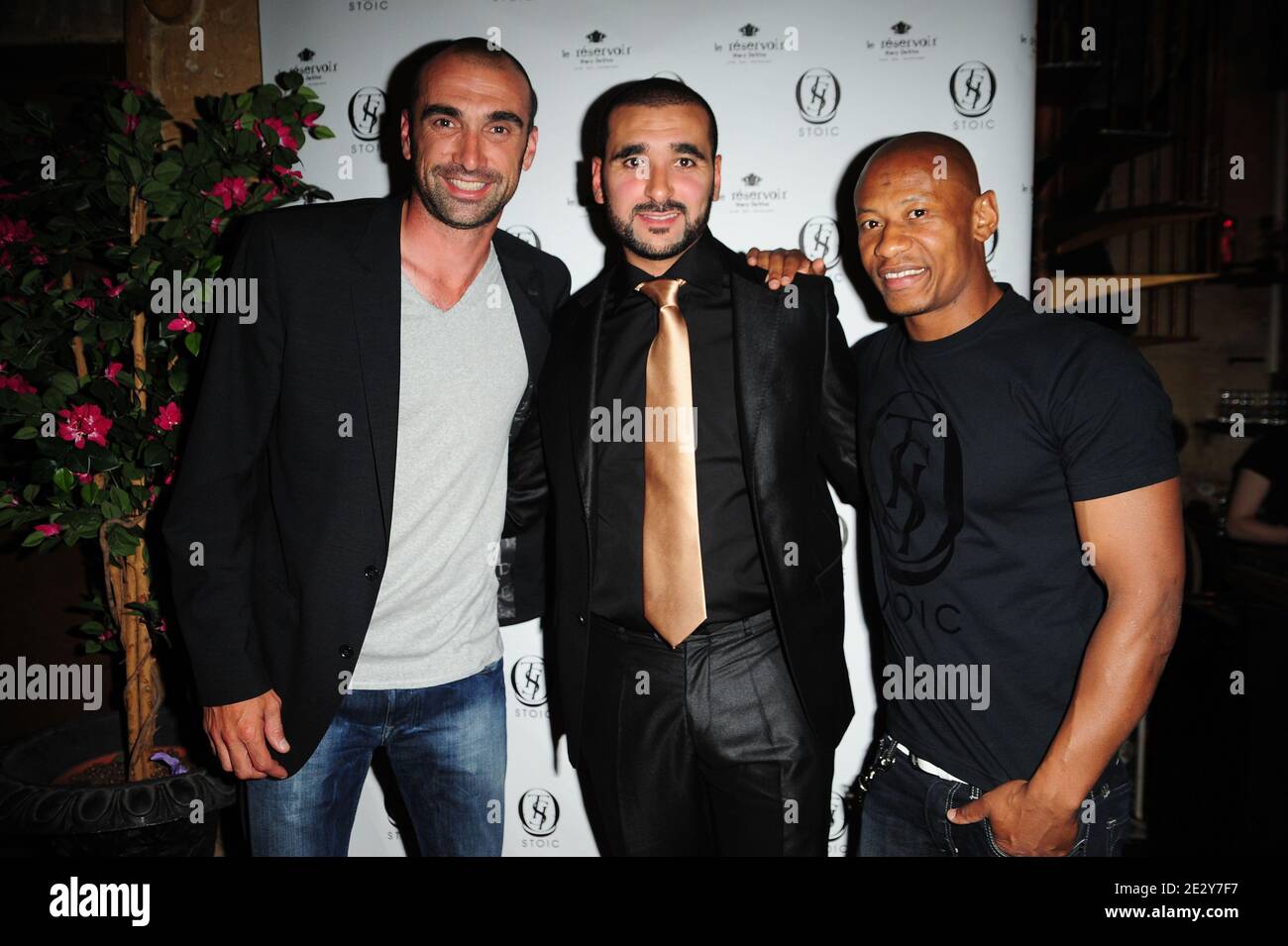 Jerome Alonzo, Hakim Mimoun (President of Stoic) and Said (Iam) attending 'Stoic Party' for the launch of the brand held at the Reservoir in Paris, France on June 3, 2010. Photo by Nicolas Briquet/ABACAPRESS.COM Stock Photo