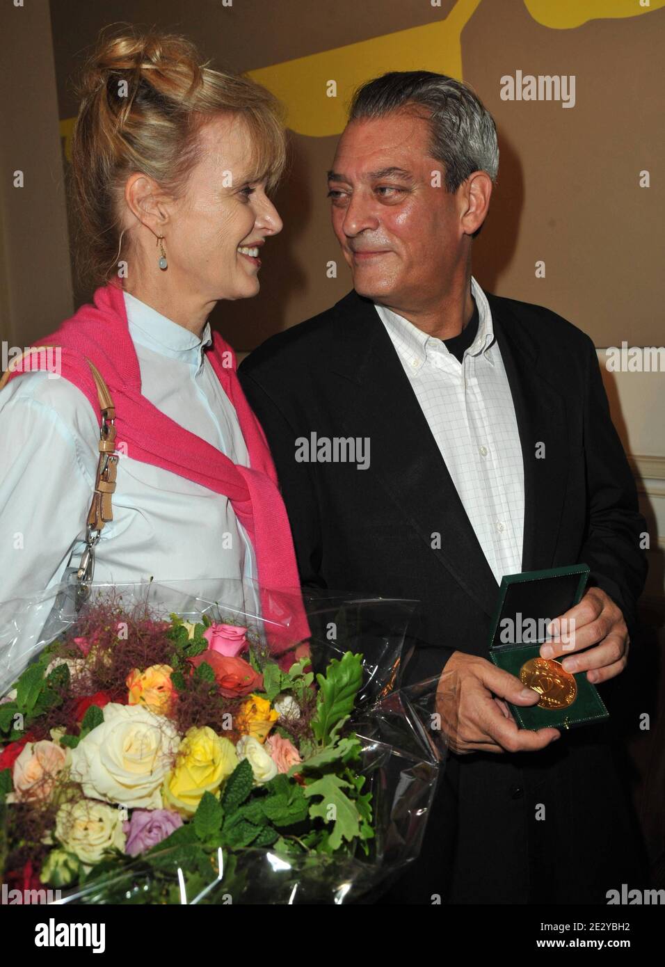 US novelist Paul Auster and his wife Siri Hustvedt during an award ceremony  after he received the 'Grand Vermeil' medal from the mayor of Paris  Bertrand Delanoe, on June 10, 2010 in
