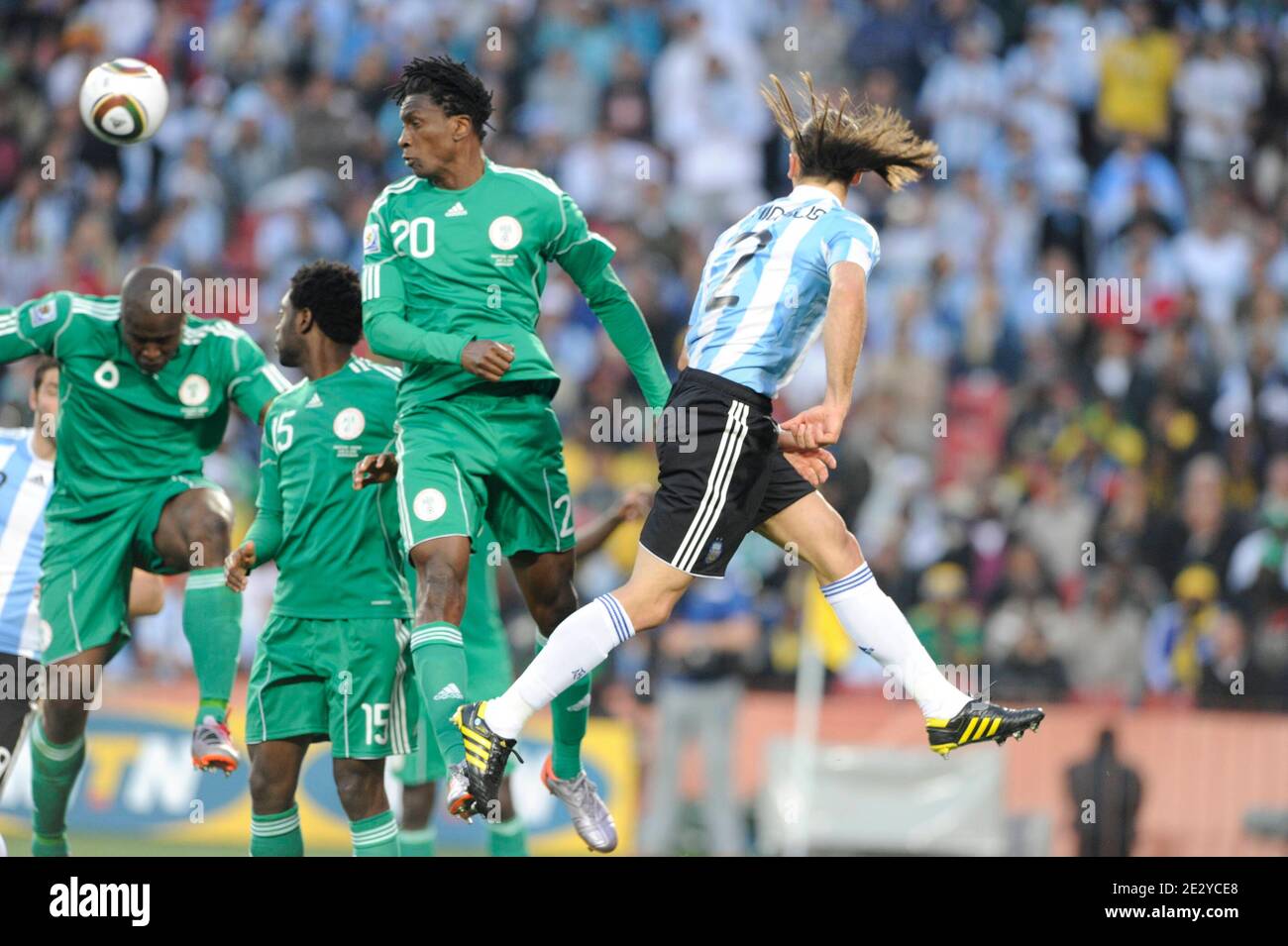 Argentina's Martin Demichelis battling Nigeria's Dickson Etuhu during the 2010 FIFA World Cup South Africa Soccer match, group B, Argentina vs Nigeria at Ellis Stadium in Johannesburg, South Africa on June 12, 2010. Argentina won 1-0. Photo by Henri Szwarc/ABACAPRESS.COM Stock Photo