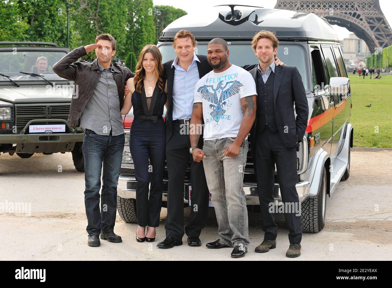 L-R) Sharlto Copley, Jessica Biel, Liam Neeson, Quinton 'Rampage' Jackson  and Bradley Cooper posing at the photocall for 'The A-Team' held on the  Champ-de-Mars, Paris, France, on June 14, 2010. Photo by