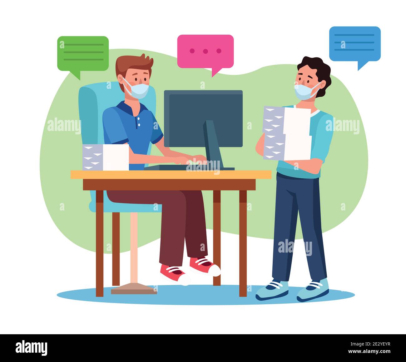 group of men wearing medical masks in the office characters vector